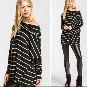WAFFLE KNIT HORIZONTAL STRIPES COWL NECK BLACK TUNIC TOP